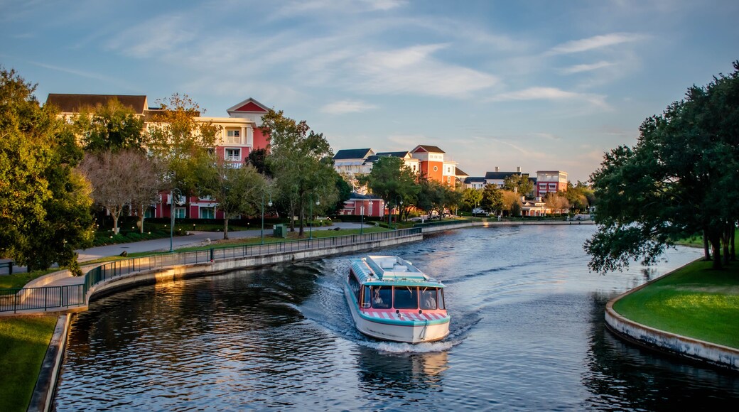 Panoramic view of Boardwalk Hotel and taxi boat at Lake Buena Vista area