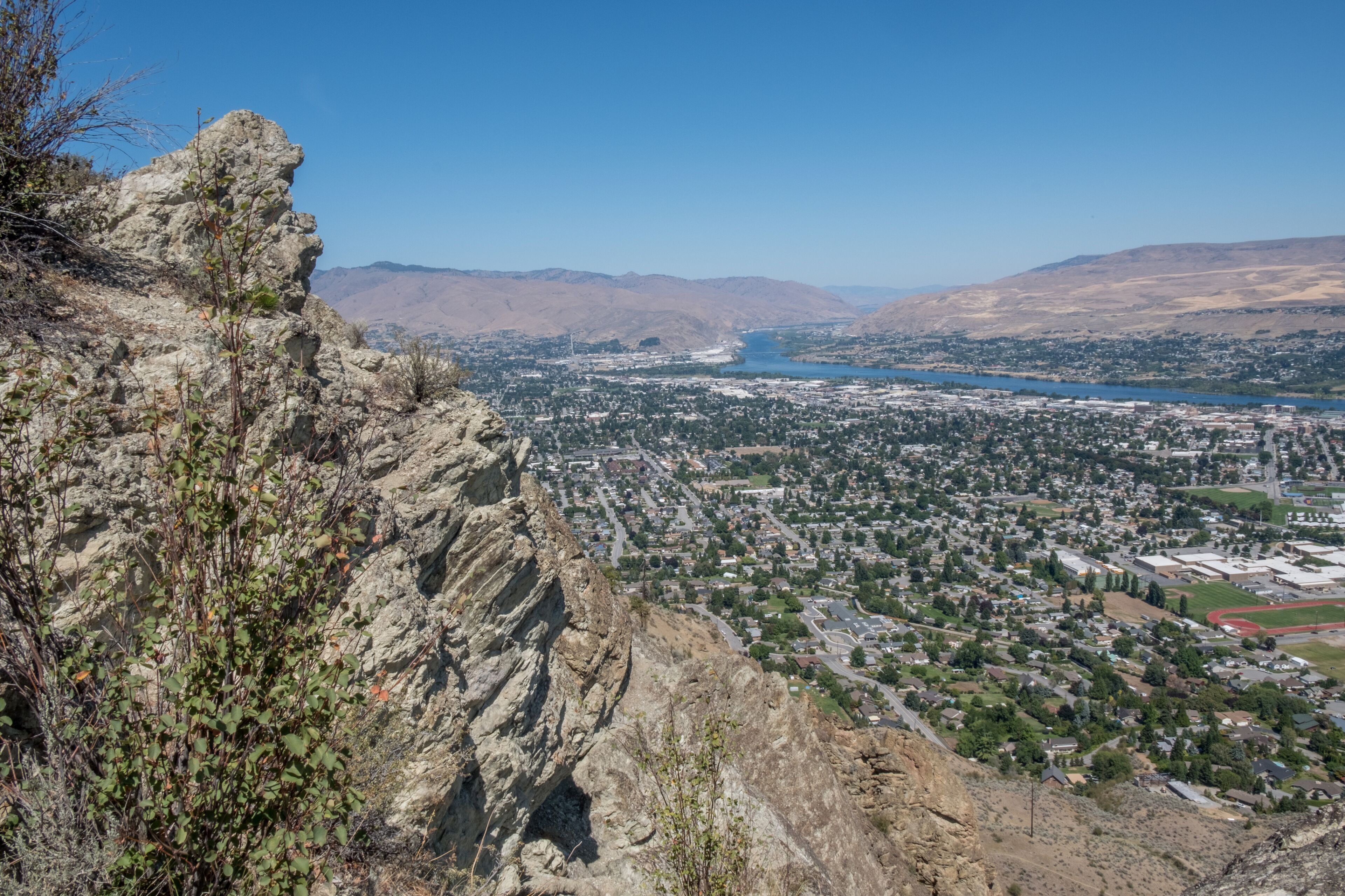 Saddle rock in front of Wenatchee and Columbia River in Central Washington
