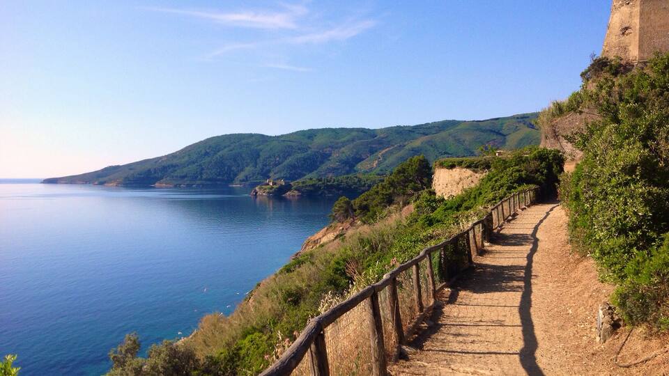 A coastal path with a wooden railing, a clear blue sea, and green hills in the background.