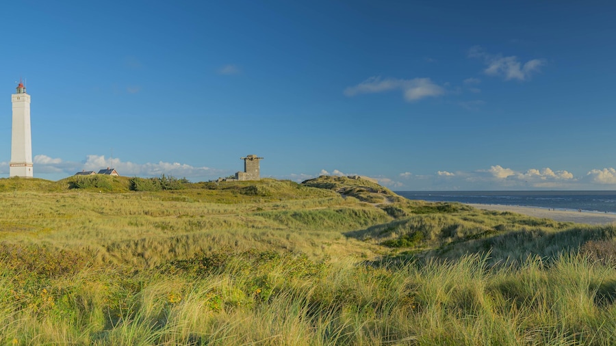 Panorama view of Blåvand lighthouse on wide dune of Blåvandshuk with beach view on the west coast of Jutland, by Esbjerg, Denmark.