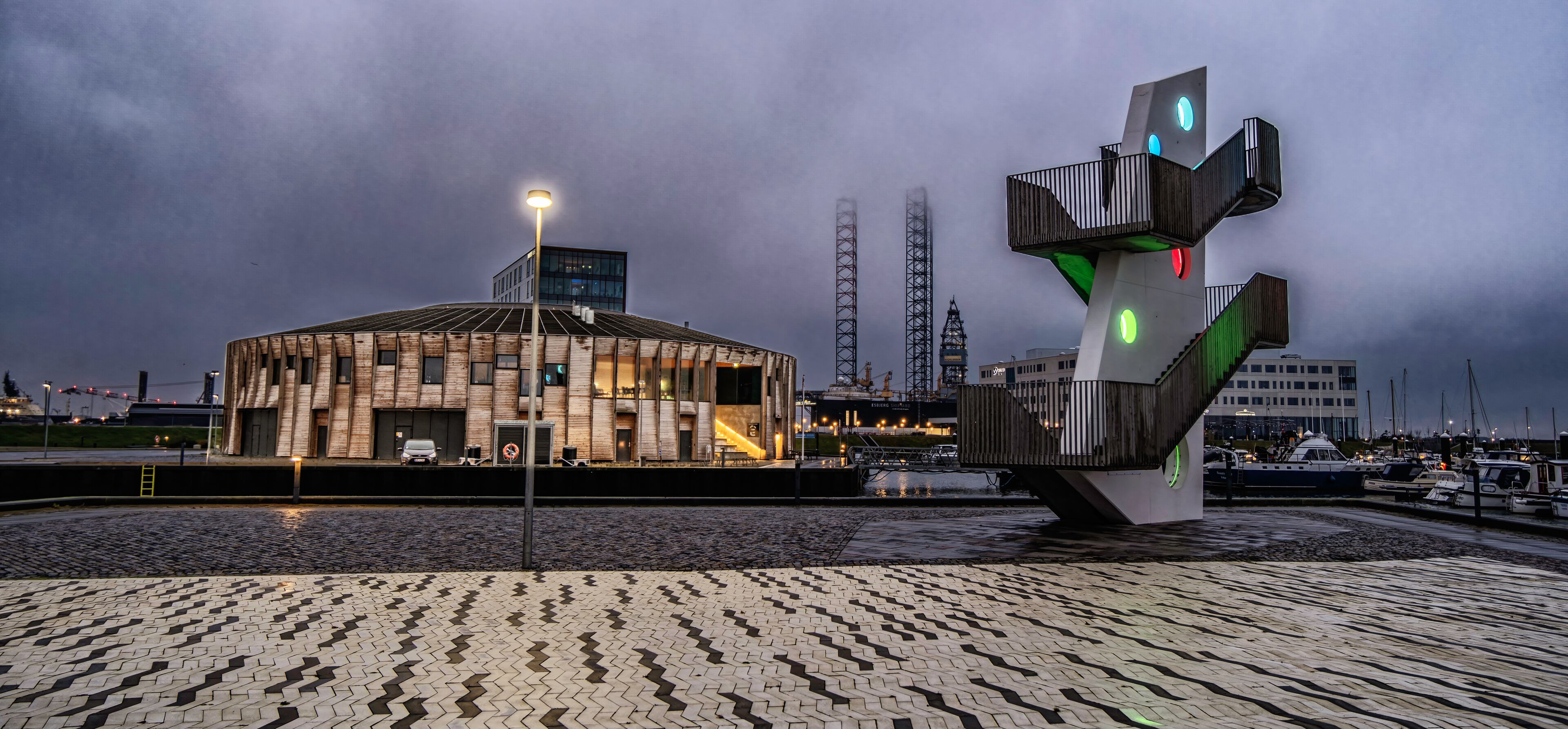 Maritime center in Esbjerg on a foggy dark morning, Denmark