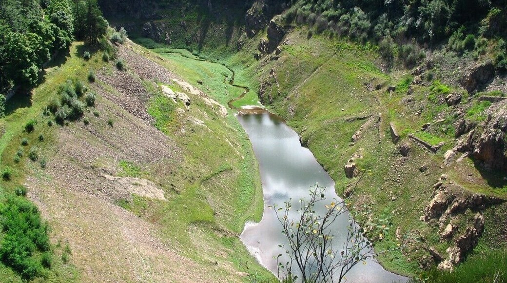 Retenue du Gouffre d'Enfer au S-E de Saint-Etienne, Loire, alt. 787 m, presque Ă sec en cette fin d'Ă©tĂ© 2008. A sa mise en eau en 1866, le barrage de 52 m est le plus haut d'Europe. Barrant le cours du Furan Ă 7 km du centre ville entre les villages de Planfoy et RochetaillĂ©e, il est bĂąti afin de fournir de l'eau potable Ă la jeune agglomĂ©ration en pleine croissance, connaissant un fort essor industriel. Rempli, sa capacitĂ© nominale est de 1,3 Mm3. Depuis le milieu de dĂ©cennie 1980 l'ouvrage sert surtout d'Ă©crĂȘteur (retardateur) de crue, c'est pourquoi le rĂ©servoir est quasiment vide en permanence, la fonction d'approvisionnement en eau Ă©tant dĂ©volue au Pas du Riot, situĂ© 2 km en amont et rĂ©alisĂ© en 1878, Ă 855 m d'altitude.