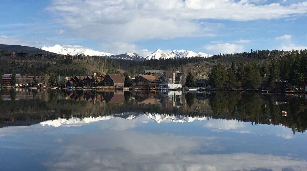 View from the boat ramp across the lake to Grand Lake township and the Rocky Mountains - quaint little township that is close to the western entrance of the Rocky Mountain National Park