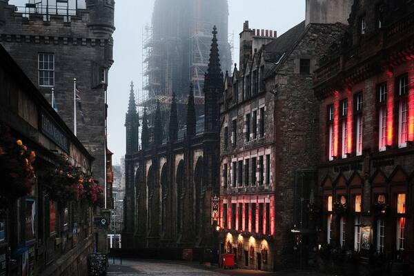 Moody morning photo in Edinburgh Scotland. Taken just outside the the castle esplanade. Mornings are when you have the best chance at fog