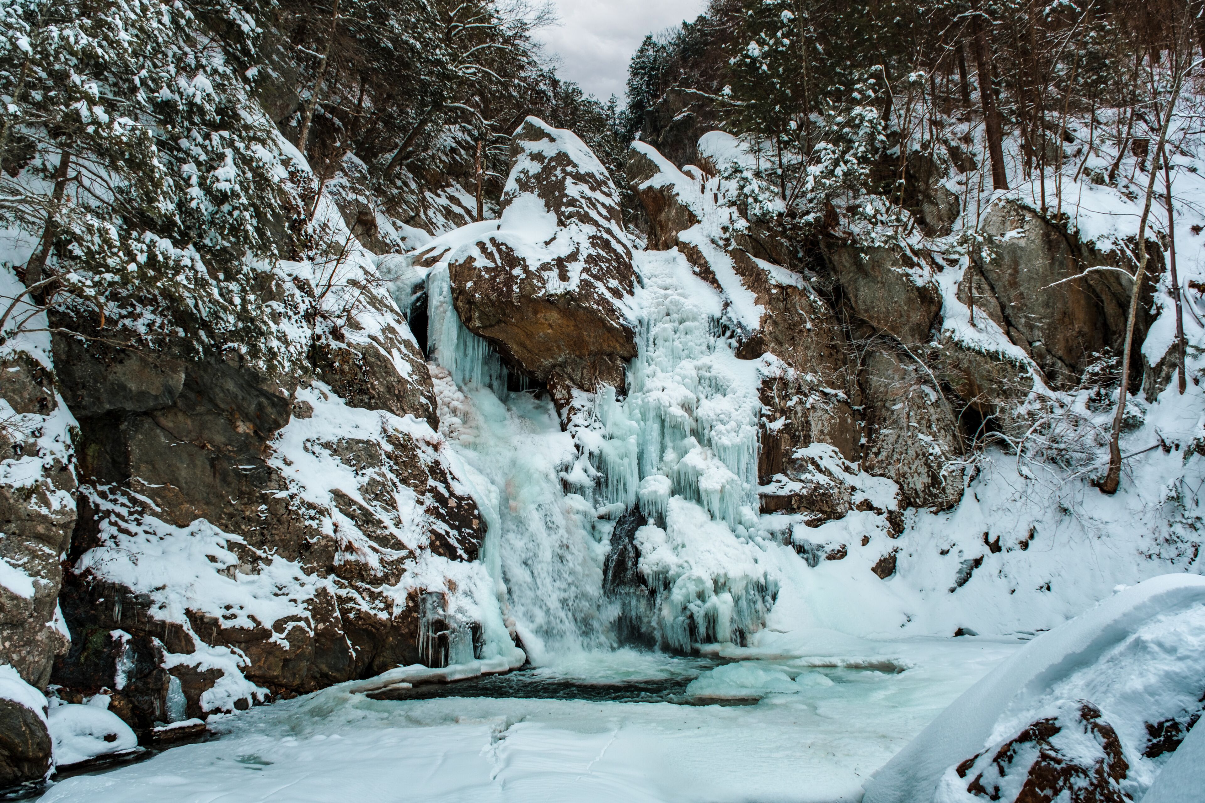 Bash Bish Falls in the winter, partially frozen