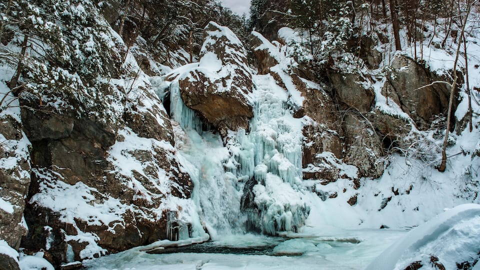 Bash Bish Falls in the winter, partially frozen