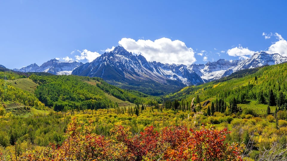 A mountain range with a clear sky, a dirt road, and autumn-colored foliage.