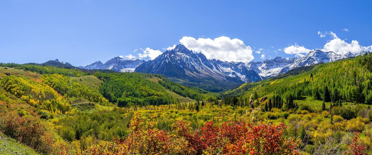 A mountain range with a clear sky, a dirt road, and autumn-colored foliage.
