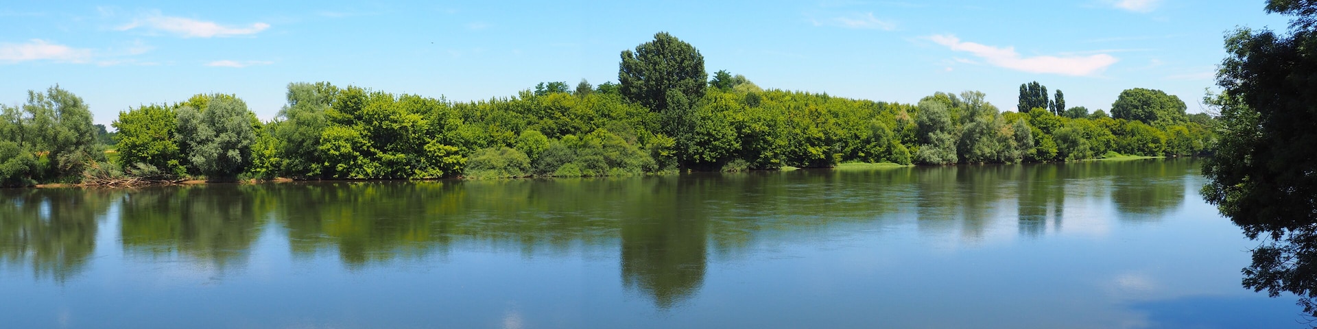 peaceful banks with trees of the Dordogne River in New Aquitaine in the south-west of France, near Bergerac