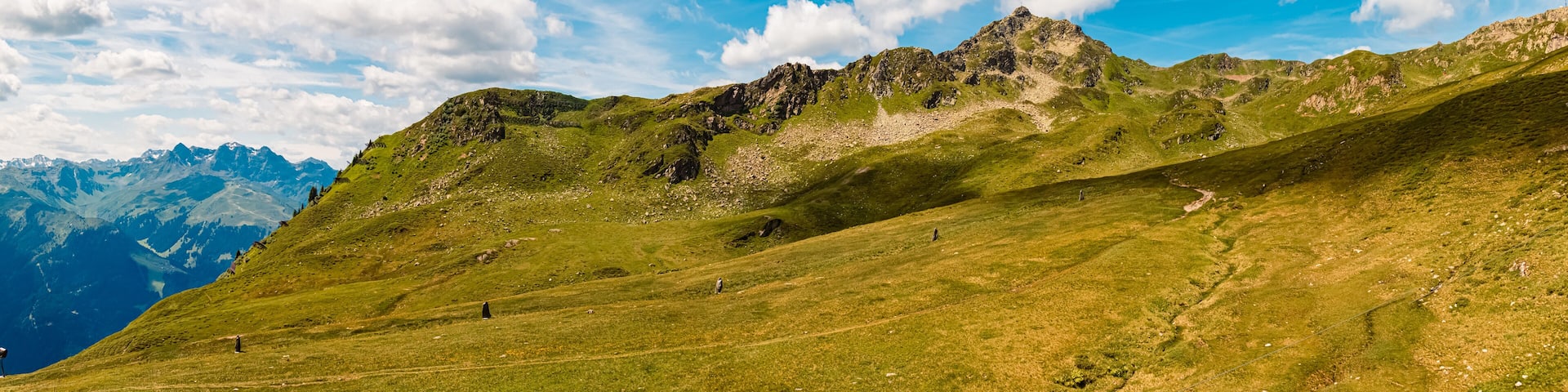 High resolution stitched alpine summer panorama at Mount Kreuzjoch, Schruns, Bludenz, Montafon, Vorarlberg, Austria