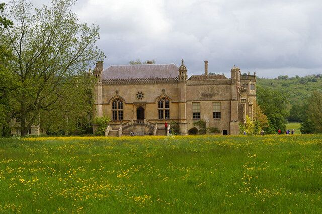 A historic stone building with arched windows and a central tower, surrounded by a lush green field with yellow flowers.