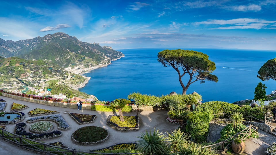A coastal landscape with terraced gardens, a prominent tree, and a view of the sea and mountains.
