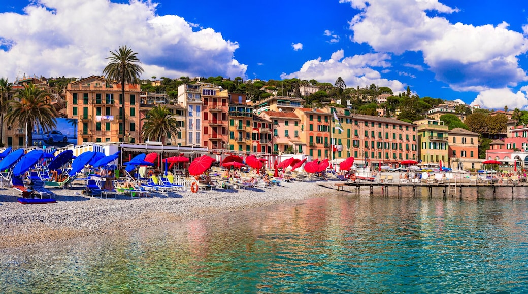 Ultra wide 16K panorama of Santa Margherita Ligure waterfront with colorful Italian houses and beach Liguria Italy High Resolution