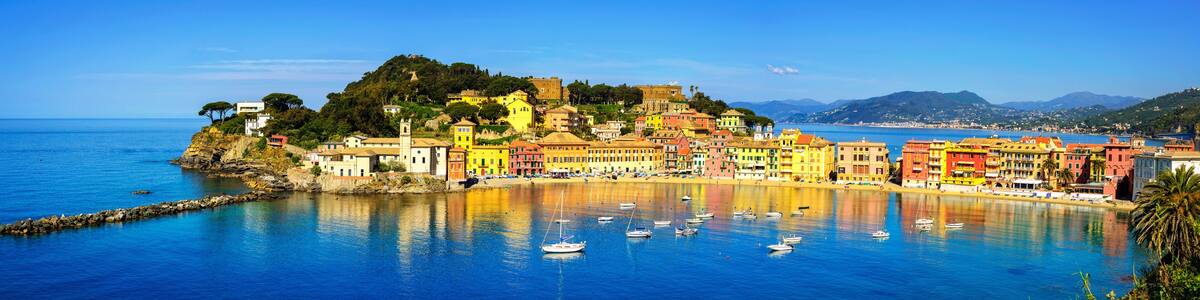 Sestri Levante, silence bay sea and beach panorama. Liguria, Ita