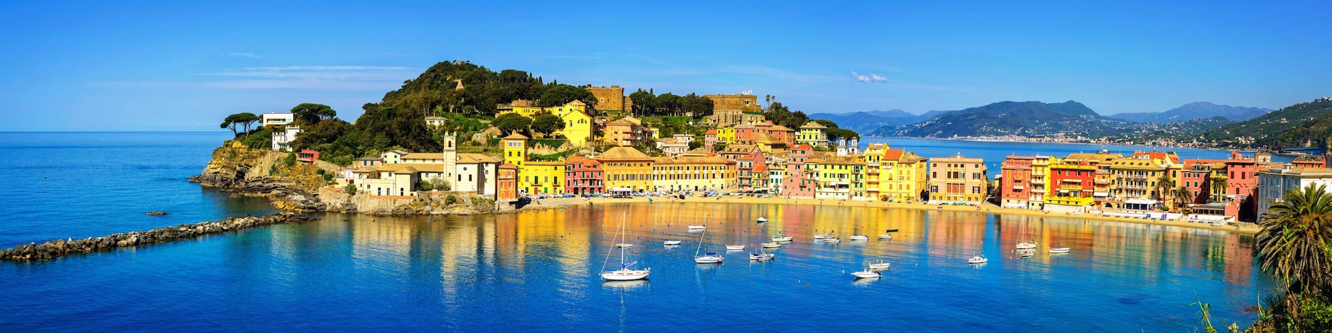 Sestri Levante, silence bay sea and beach panorama. Liguria, Ita
