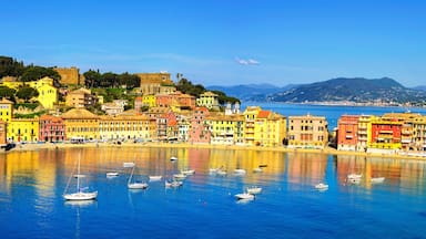 A coastal town with colorful buildings, a clear blue sea, and boats anchored in the harbor.