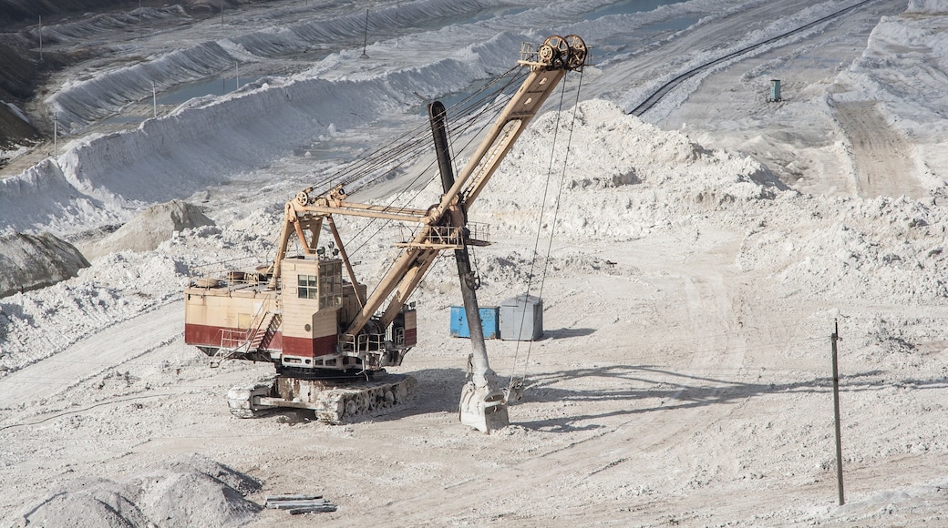 312117 Excavator is working in chalk quarry mining, Belgorod, Russia