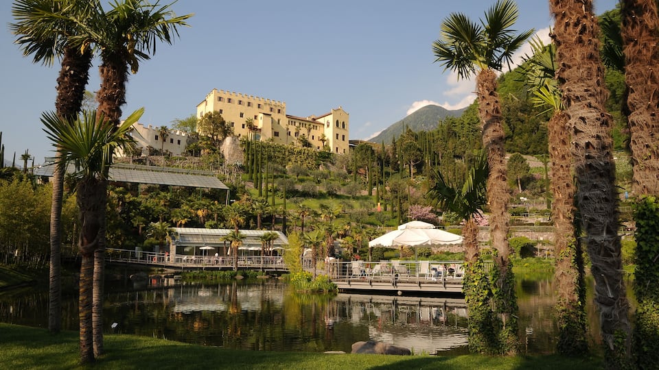 A serene lakeside garden with palm trees, a bridge, and a large building in the background.