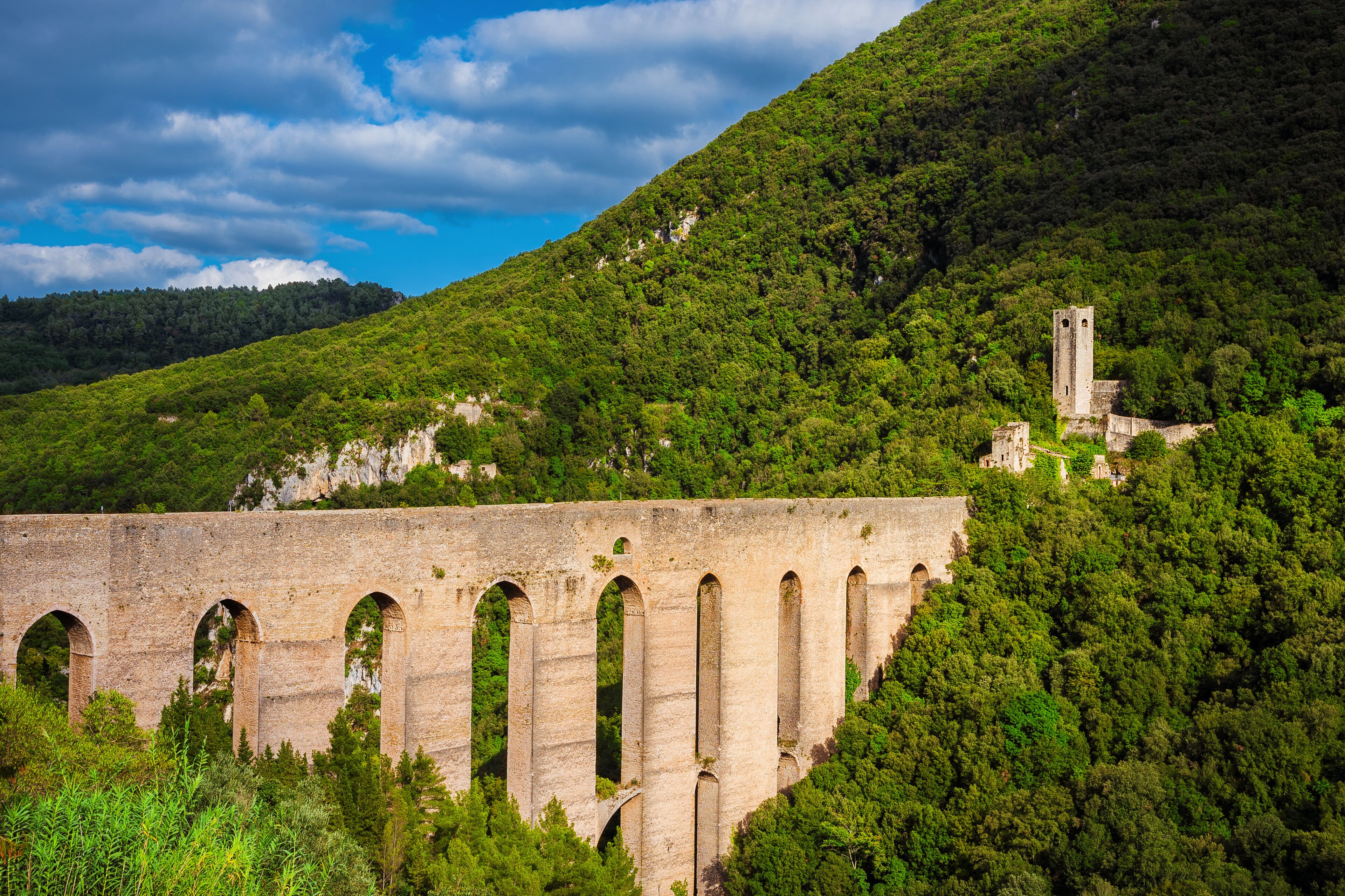 A stone viaduct with arches, a tower, and lush green hills.