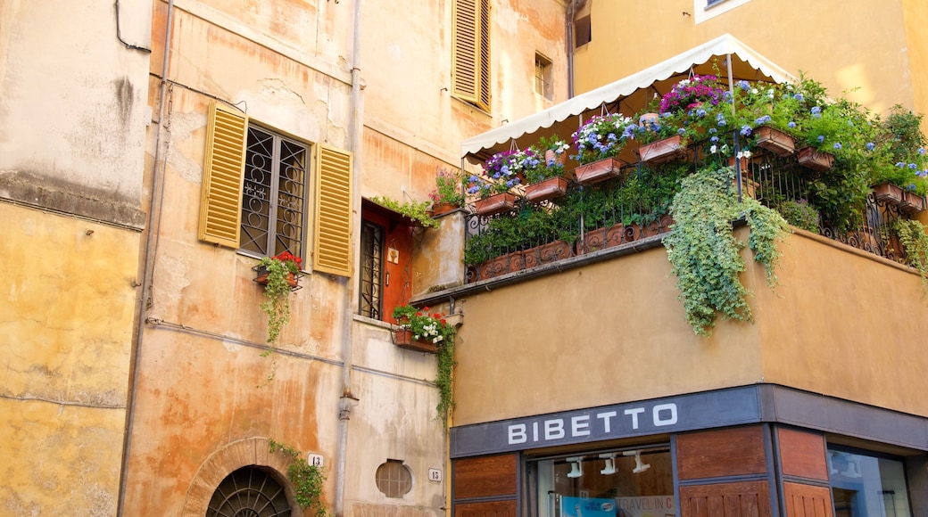 SpolĂšte montrant signalisation, fleurs et architecture patrimoniale