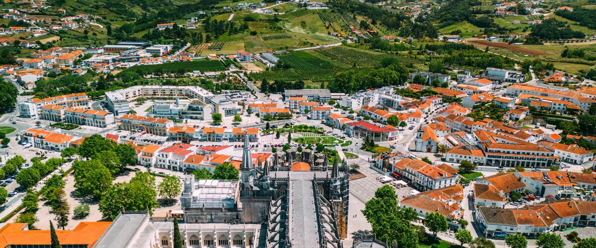A panoramic view of a town with a prominent cathedral and surrounding residential buildings.