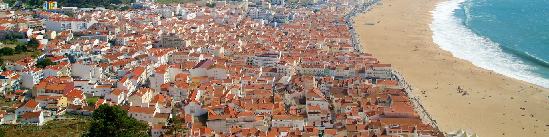 A coastal city with red-roofed buildings, a sandy beach, and a clear blue sky.