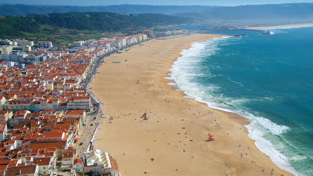 Nazare which includes general coastal views, a coastal town and a sandy beach