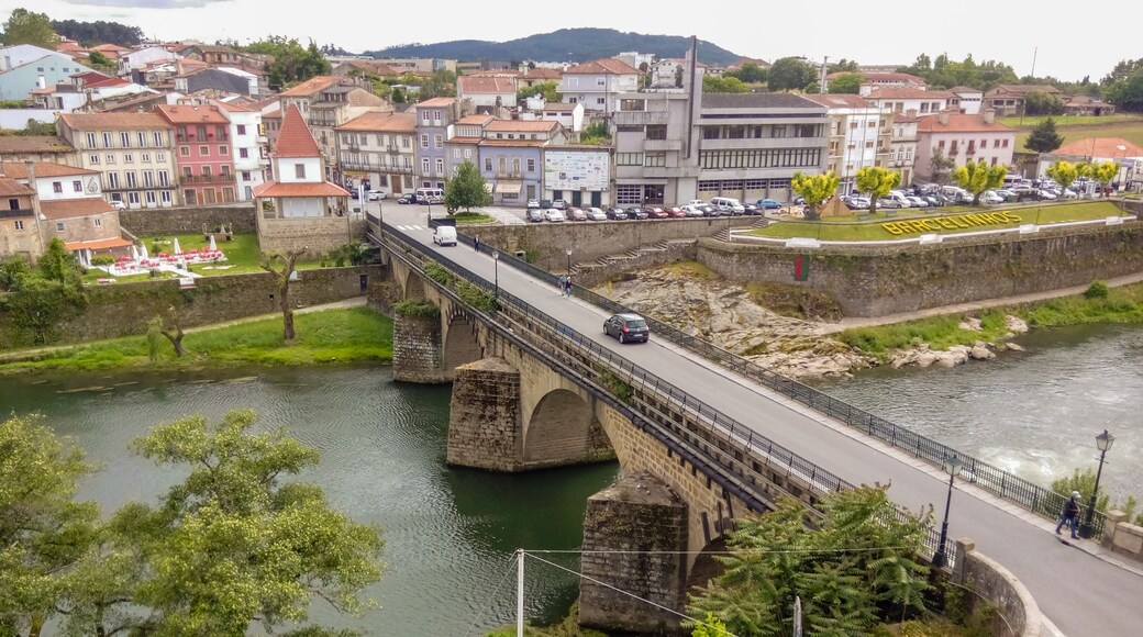 Un puente de piedra sobre un río, rodeado de edificios y vegetación.