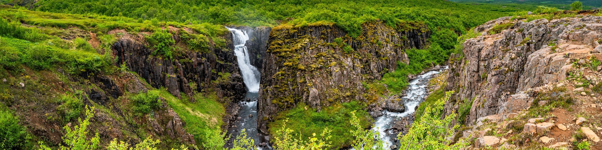 A waterfall cascading down a rocky gorge surrounded by lush green vegetation.