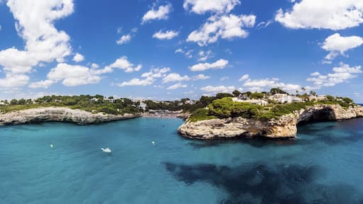 Drone shot, coast with natural harbour, Porto Cristo Novo, Cala Mendia, Majorca, Balearic Islands, Spain, Europe