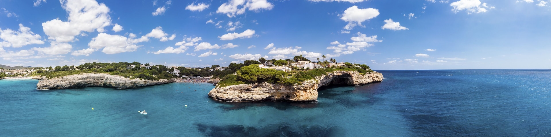 Drone shot, coast with natural harbour, Porto Cristo Novo, Cala Mendia, Majorca, Balearic Islands, Spain, Europe