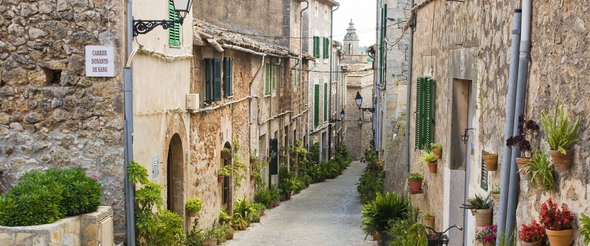 Una estrecha calle adoquinada flanqueada por edificios históricos de piedra con contraventanas verdes y plantas en macetas.