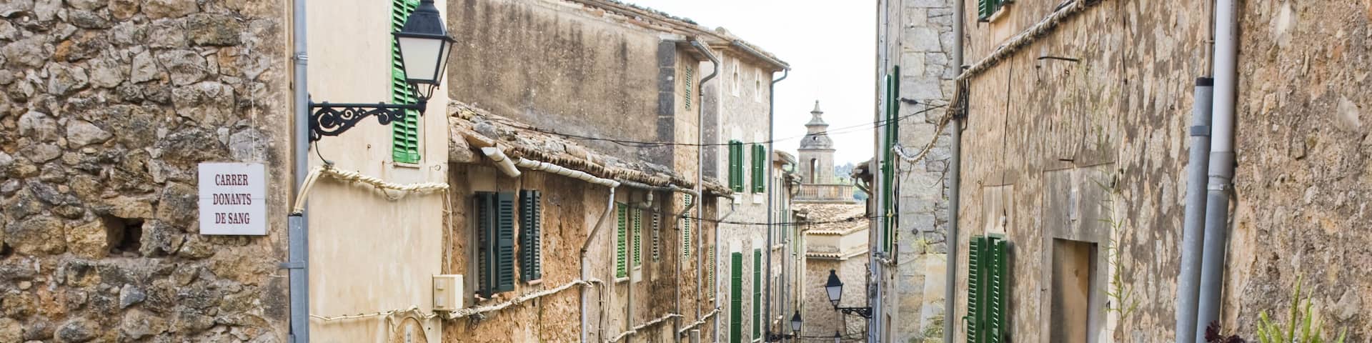 A narrow cobblestone street flanked by historic stone buildings with green shutters and potted plants.