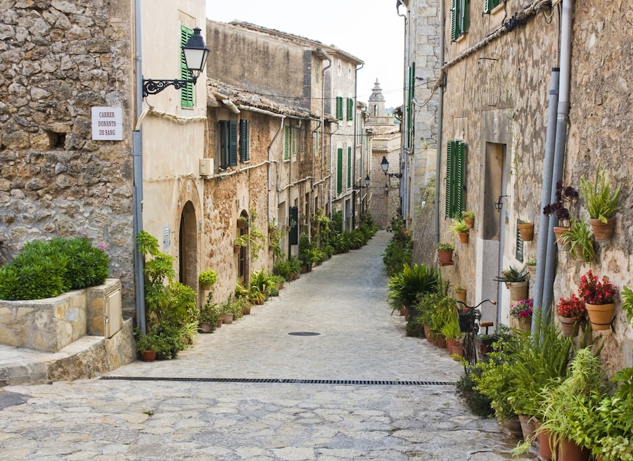 Una estrecha calle adoquinada flanqueada por edificios históricos de piedra con contraventanas verdes y plantas en macetas.