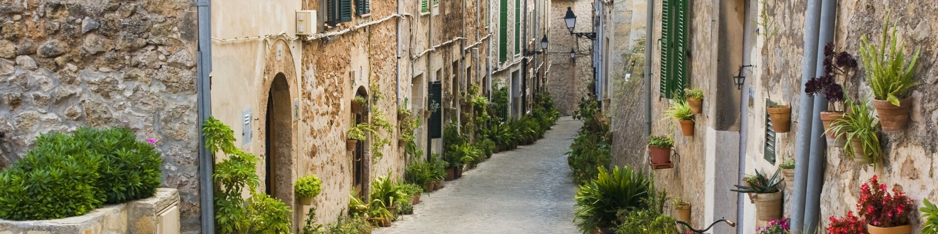 Una estrecha calle adoquinada flanqueada por edificios históricos de piedra con contraventanas verdes y plantas en macetas.