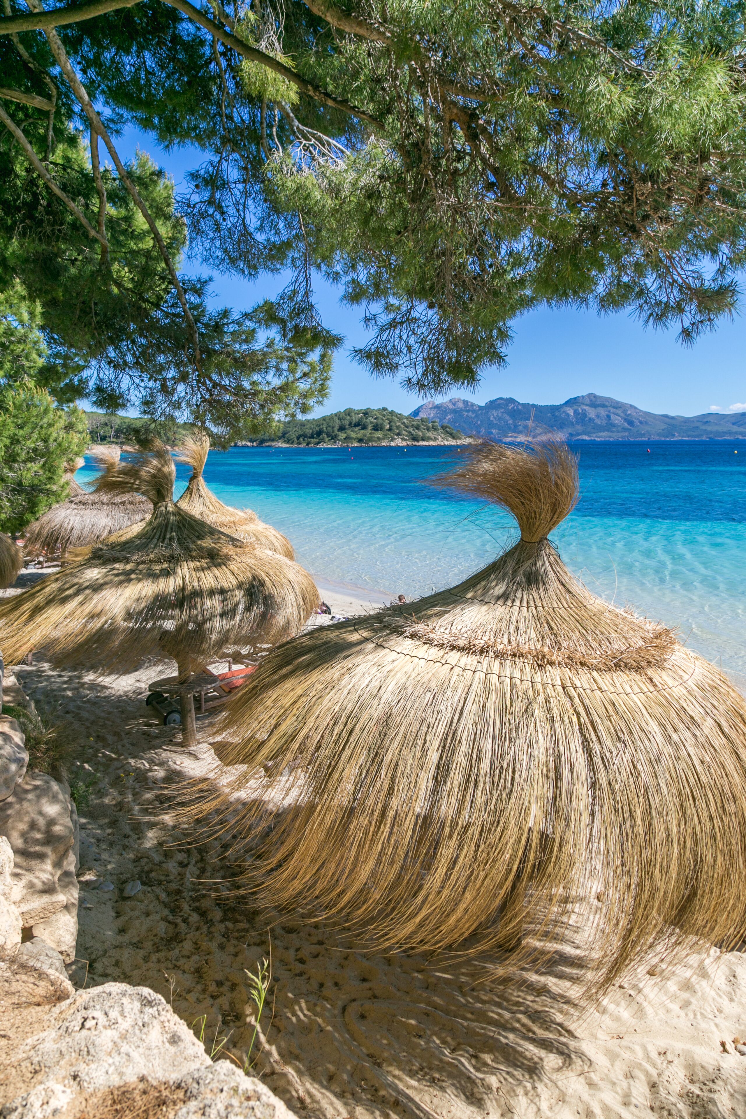 Una playa con sombrillas de paja, agua turquesa cristalina y montañas al fondo.