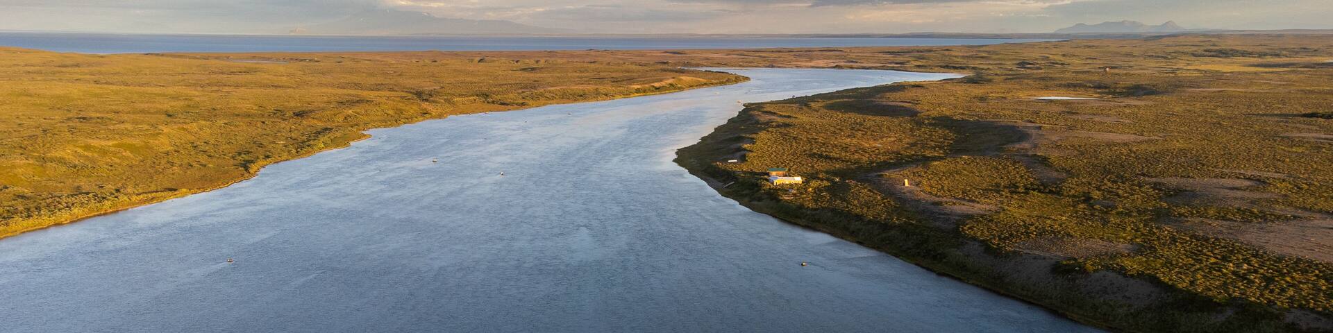 Aerial view of the Egegik river on the Alaska peninsula leading into Bristol Bay