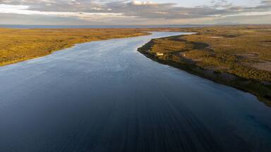 Aerial view of the Egegik river on the Alaska peninsula leading into Bristol Bay