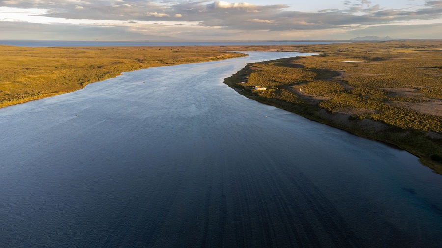 Aerial view of the Egegik river on the Alaska peninsula leading into Bristol Bay