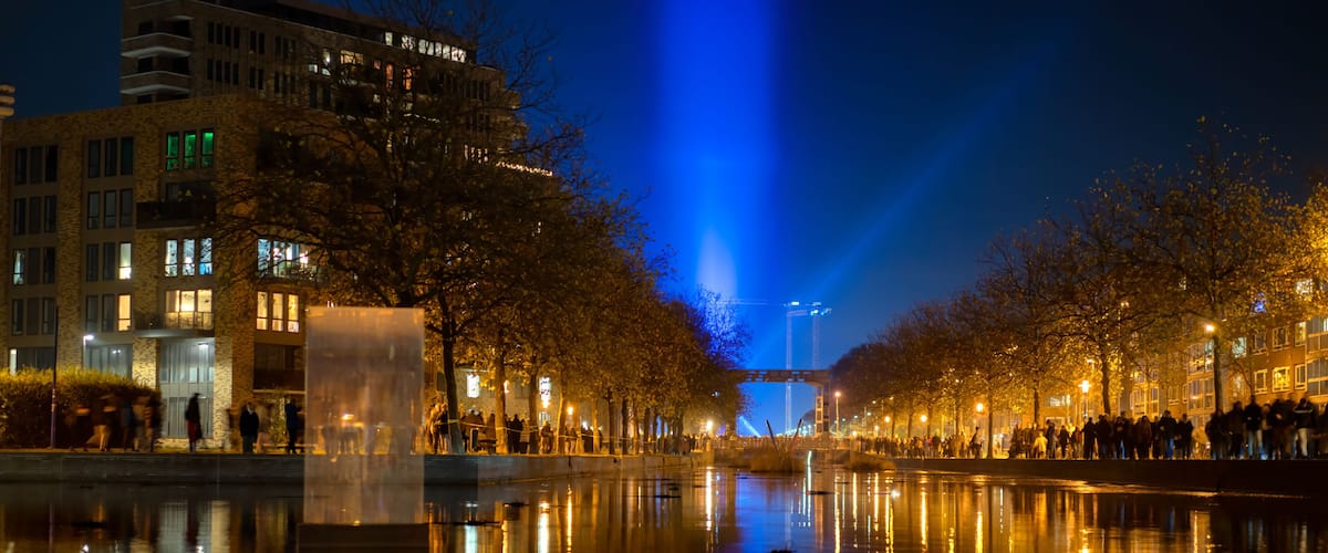 Eindhoven canal at night during Glow light festival, Eindhoven, North Brabant, The Netherlands, Europe
