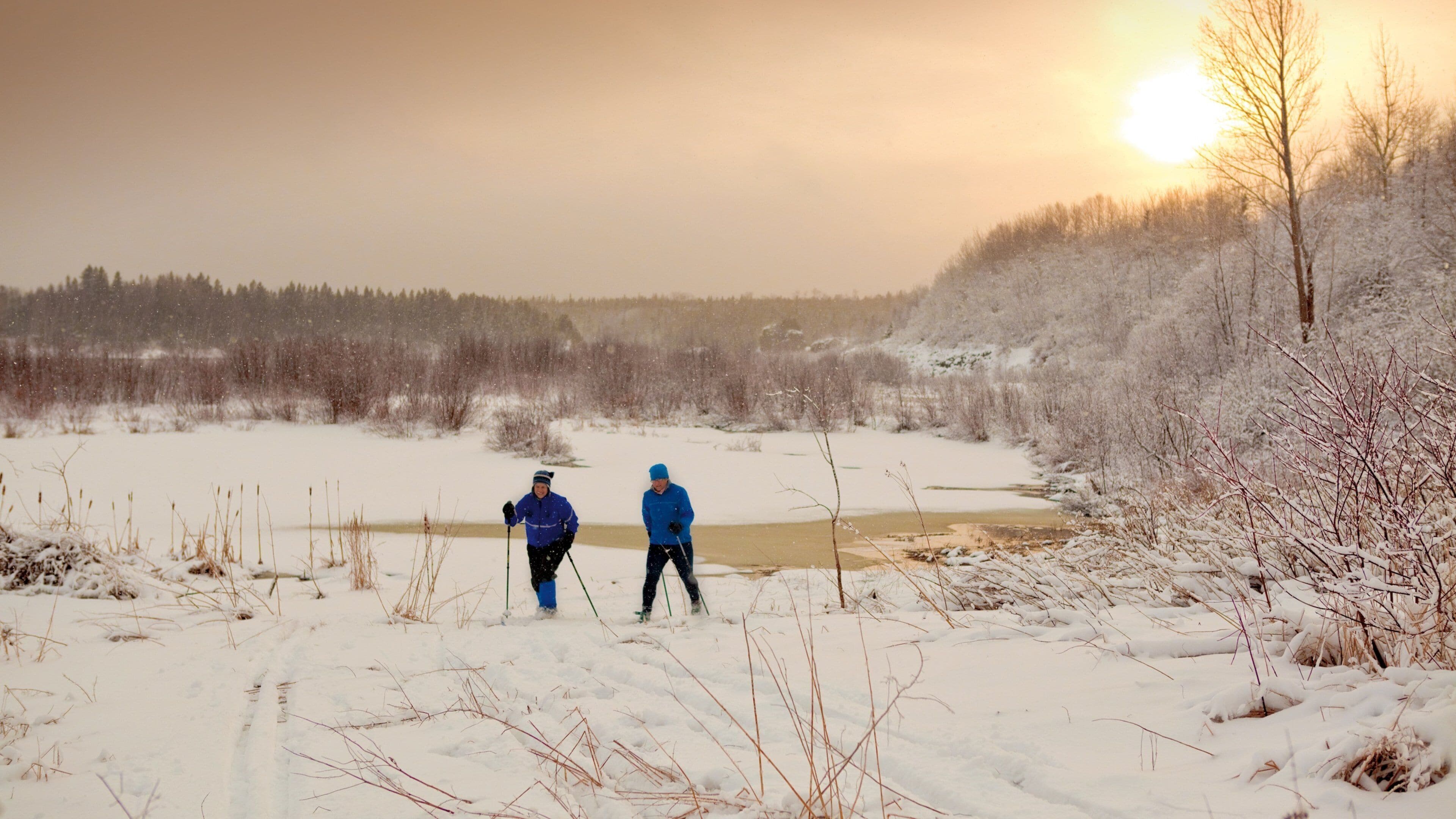 Newfoundland and Labrador which includes a sunset and snow as well as a small group of people