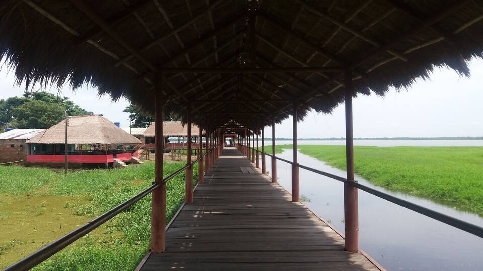 A wooden walkway with a thatched roof, leading to a riverbank with green fields and a small building with a thatched roof.
