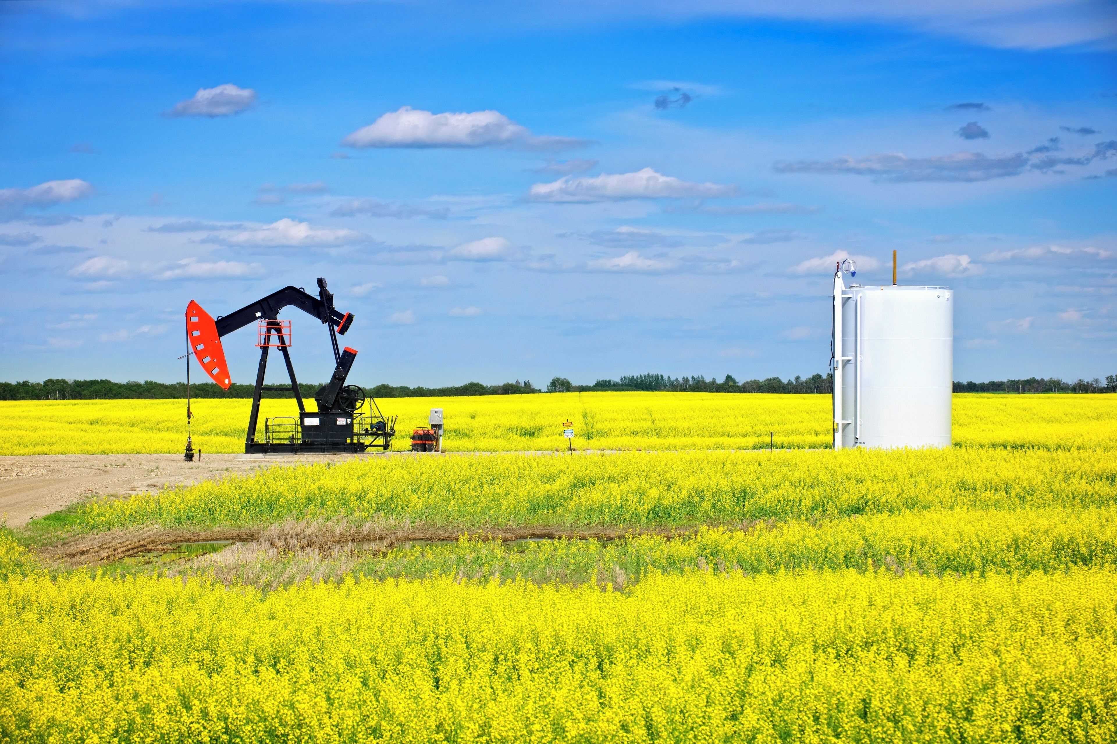 Oil pumpjack or nodding horse pumping unit in Saskatchewan prairies, Canada