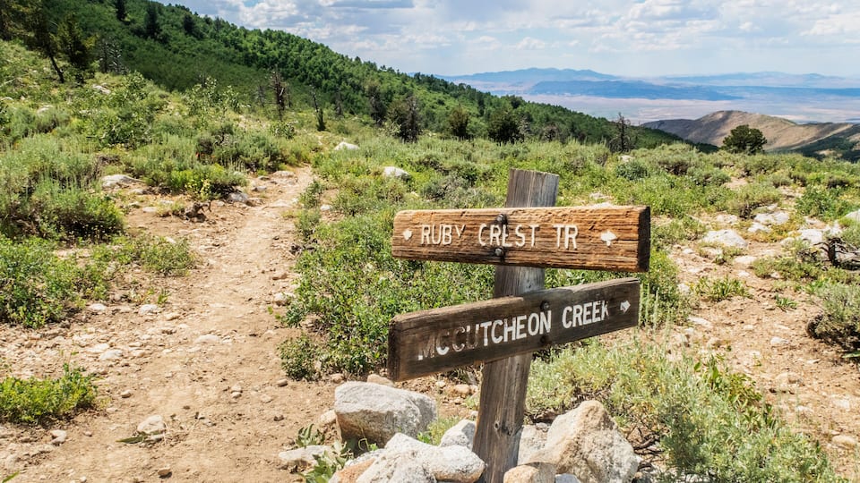 A trail sign with directions to Ruby Crest Trail and McCutcheon Creek.