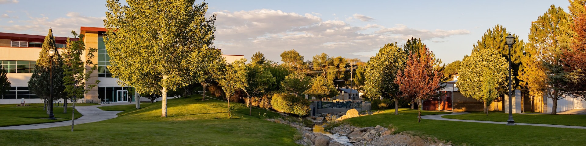 A park with a stream, trees, and modern buildings.