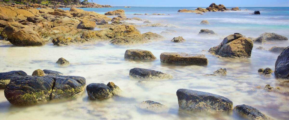 A rocky beach with clear turquoise water and distant trees.