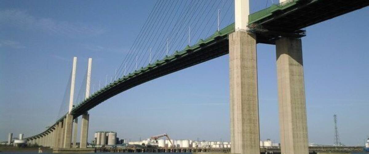 The Queen Elizabeth II bridge is a cable-stayed road bridge in England that crosses the Thames Estuary from the east of Dartford in Kent, to West Thurrock in Essex. It is part of the Dartford Crossing.