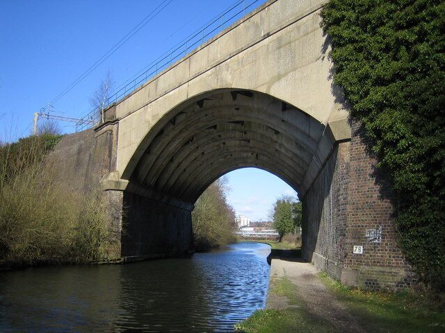 Grand Union Canal: West Coast Main Line railway bridge. Viewed looking north towards Nash Mills.