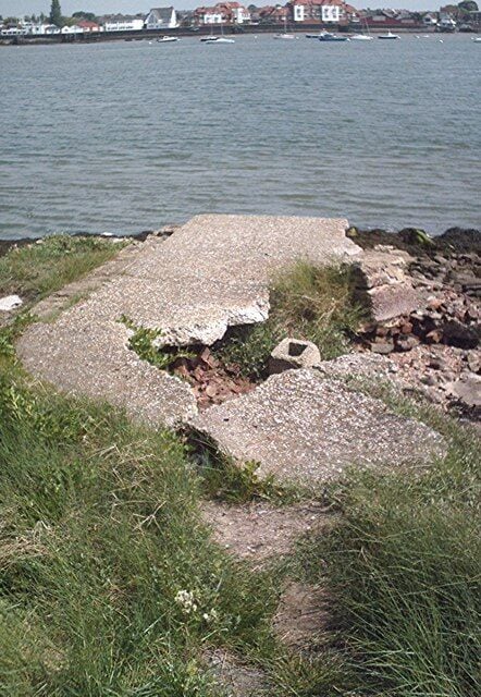 Pillbox ruin The remains of a pillbox on Wallasea Island south-east of Gardenness Point. Burnham across the river.