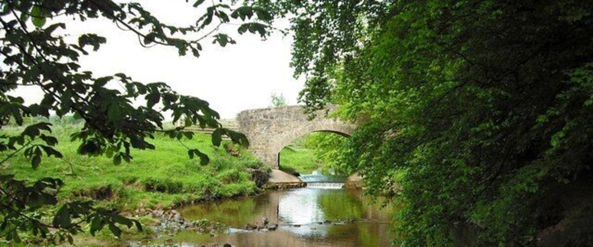 A river with a stone bridge, surrounded by lush greenery and a stone wall in the background.